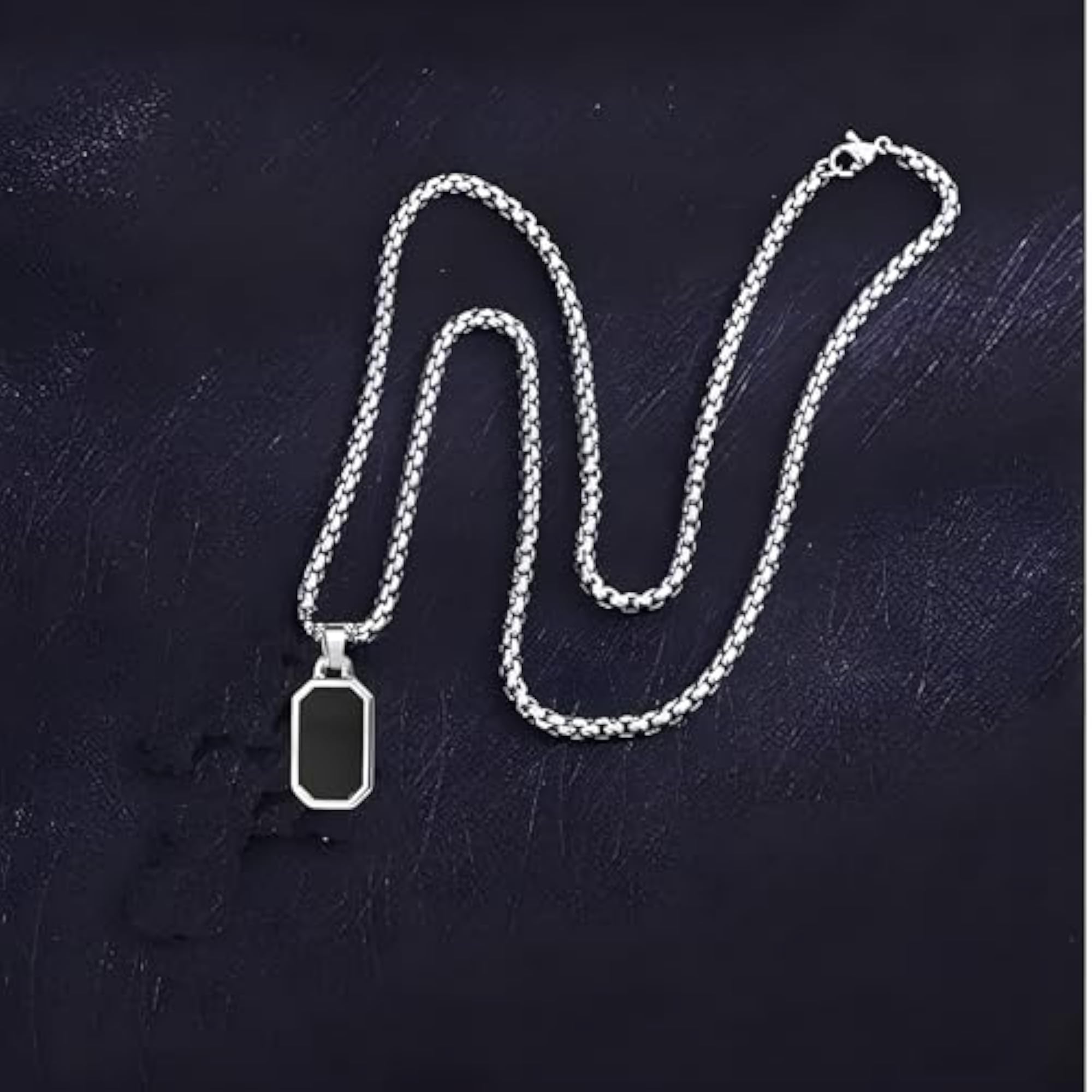 Men's Black Silver Geometric Chain Necklace with Locket